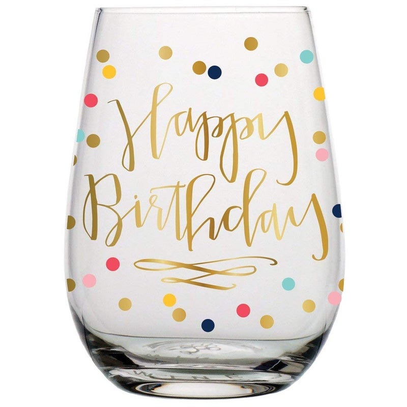 Slant Collections Wine Glass Gifts Stemless Wine Glass, 20-Ounce, Happy Birthday